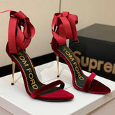 ANKLE SANDAL 10 CM IN CRIMSON RED VELVET AND SILK